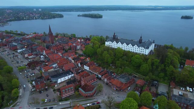 Aerial view around the city Pl&ouml;n in Germany on a cloudy spring day
