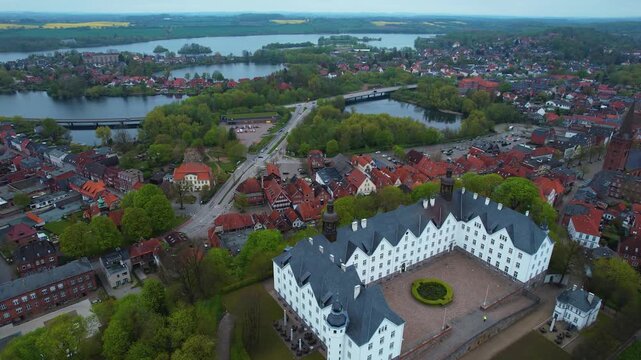 Aerial view around the city Pl&ouml;n in Germany on a cloudy spring day