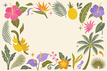 Tropical poster, invitation, frame in retro style with palm, flowers, fruits and leaves. Exotic summer template with texture © Hanna ArtLab