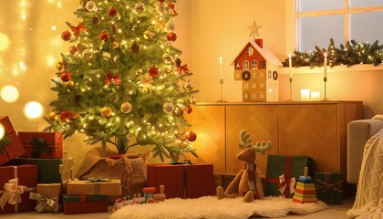 Obraz premium Beautifully decorated Christmas tree in a cozy living room with gift boxes.