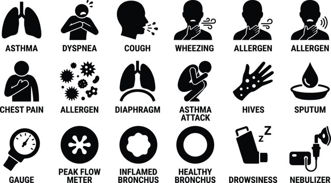 Asthma respiratory health icon set illustration with lungs, cough, wheezing, allergens, bronchus, nebulizer, chest pain, and peak flow meter