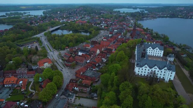 Aerial view around the city Pl&ouml;n in Germany on a cloudy spring day