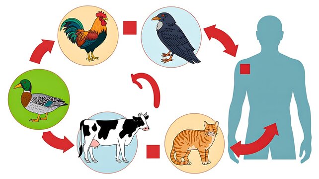 Zoonotic disease transmission cycle between animals and humans with infection spread illustration