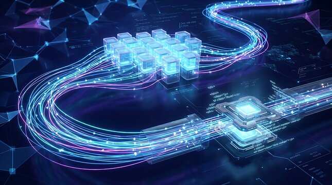 Abstract Digital Data Transfer Concept with Glowing Fiber Optic Cables and Processor.