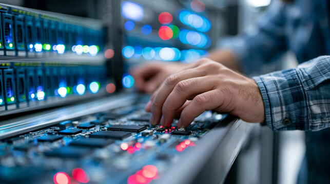 Close-up of an engineer servicing server clusters with high computing power for AI and machine learning workloads, server maintenance concept, server engineer photography,