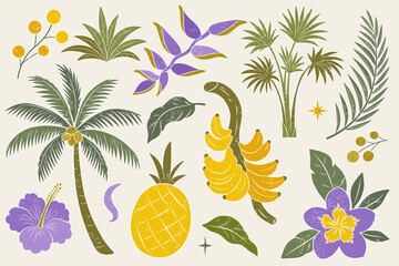 Tropical fruits and flowers collection in retro flat style. Pineapple, banana, palm, leaves. Exotic botanical set in purple and yellow tones © Hanna ArtLab