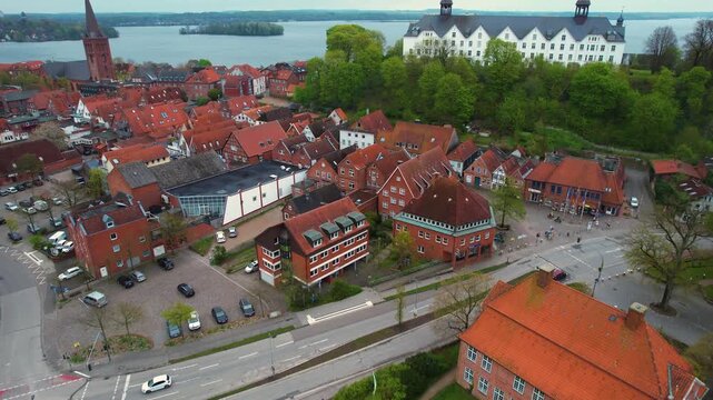 Aerial view around the city Pl&ouml;n in Germany on a cloudy spring day