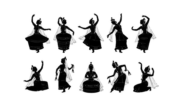Indian culture Manipuri dance silhouette set vector illustration PNG transparent background 