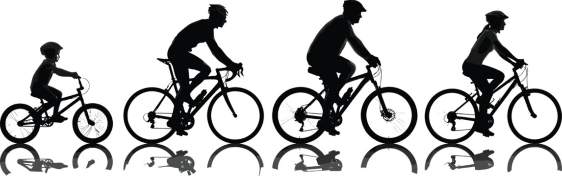 Black and white of cyclists riding bicycles in a row bike rider cycling