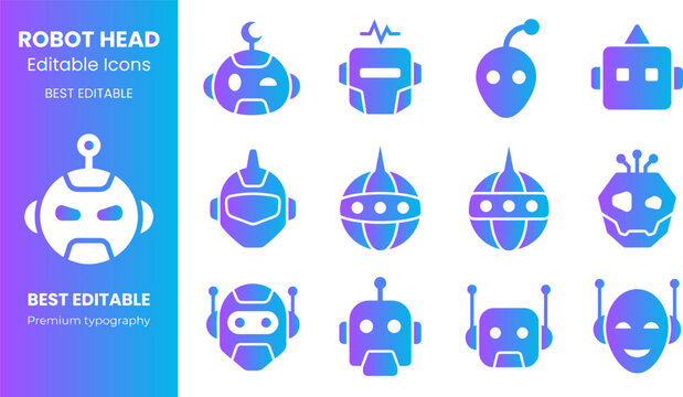 Robot head editable icons for android cyborg artificial intelligence characters and futuristic robots.