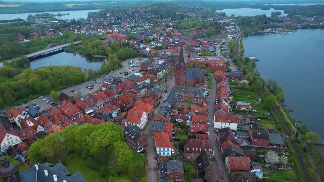 Aerial view around the city Pl&ouml;n in Germany on a cloudy spring day