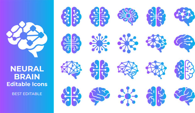 Neural brain icons set technology network connection science thinking mind data processing.