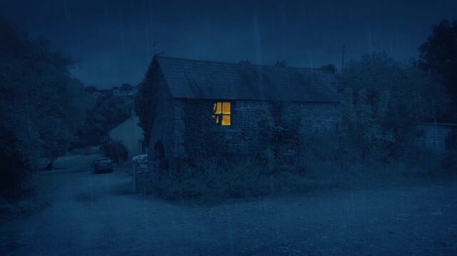 Fly Up To Building With Light On In The Rain