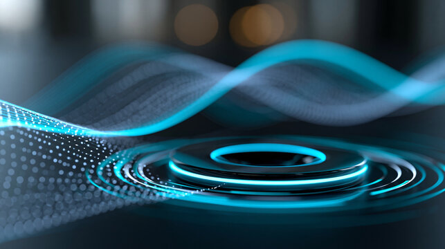 Close-up of an AI voice assistant neon glow concept with abstract glowing lines for tech innovation, voice AI concept, neon AI photography, futuristic voice technology