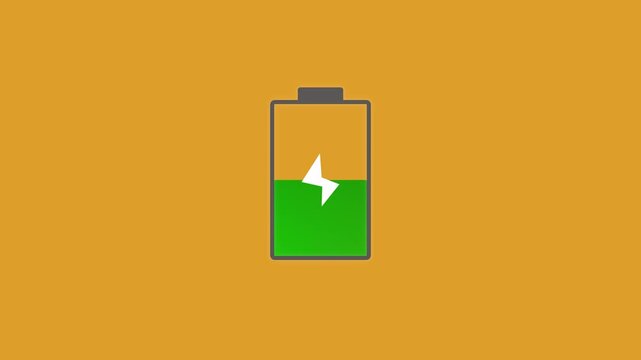 Battery life draining animation screen showing full green power drop to empty red level indicator with lightning icon isolated on yellow background for user interface design.