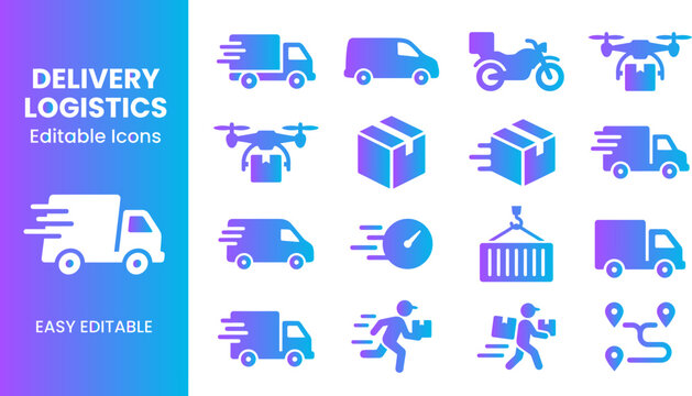 Delivery logistics editable icons set for transportation and shipping services logistic.
