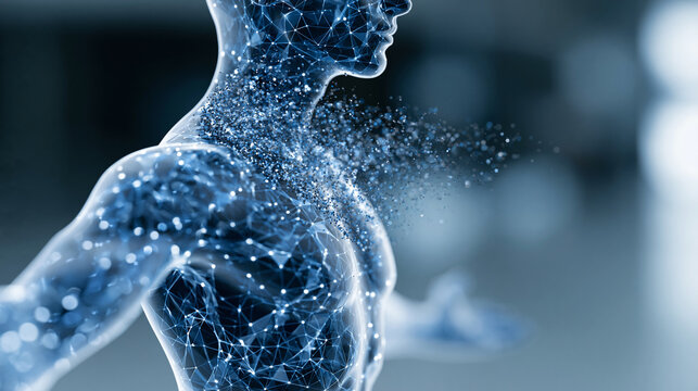 Close-up of a human body dissolving into particles representing AI transformation, digital disintegration concept, particle transformation photography, artificial intelligence