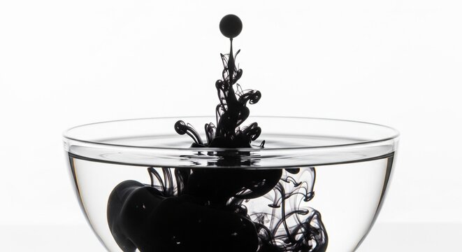 High-speed capture of black ink exploding upwards and swirling inside a clear glass bowl of water against a bright white background