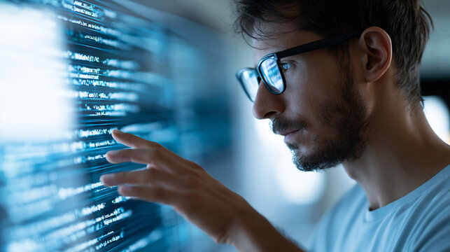 Close-up of a developer using an AI code generation interface on a virtual screen with programming scripts, software development concept, AI coding photography, automation system