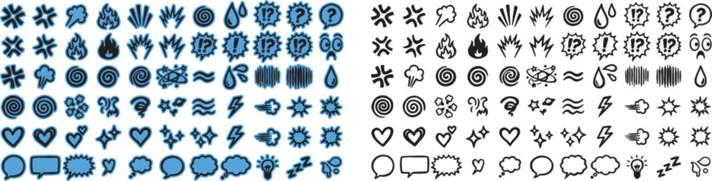 Collection of hand-drawn symbols and icons in blue with speech bubble chat bubble dialogue box lightning bolt thought bubble question mark exclamation mark light bulb music note illustration
