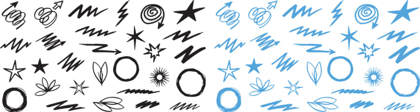 Abstract hand-drawn shapes and graphic elements in blue and black with lightning bolt brush stroke abstract scribble illustration energetic artistic creative background