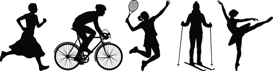 Fototapeta premium Black and white of people performing various activities silhouette running cycling de
