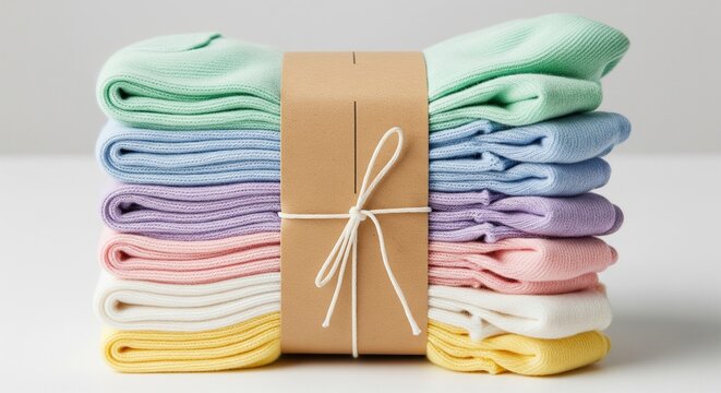 A vertical stack of folded pastel-colored socks (green, blue, purple, pink, white, yellow) wrapped in a brown paper packaging sleeve and tied neatly with a white string bow