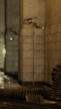 The scene shows industrial pipes emerging from the wall in a dimly lit space with tiles. The tiled walls are marked as if aged and used. The atmosphere appears worn and mechanical.