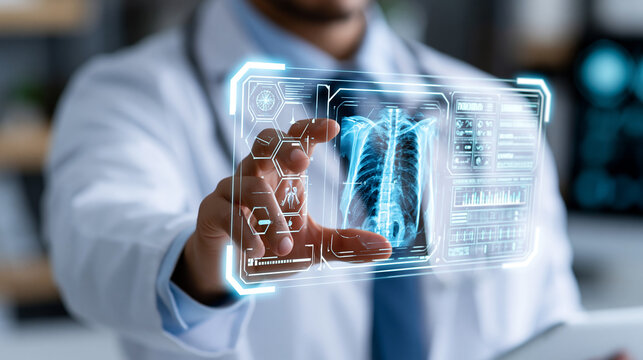 Close-up of a doctor using a futuristic medical interface with digital X-ray and patient scan on a holographic screen, AI in healthcare concept, medical hologram photography,