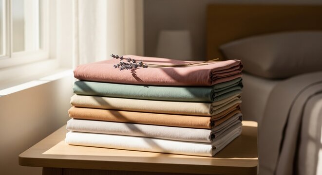 Stack of colorful folded bed sheets on a bedside table