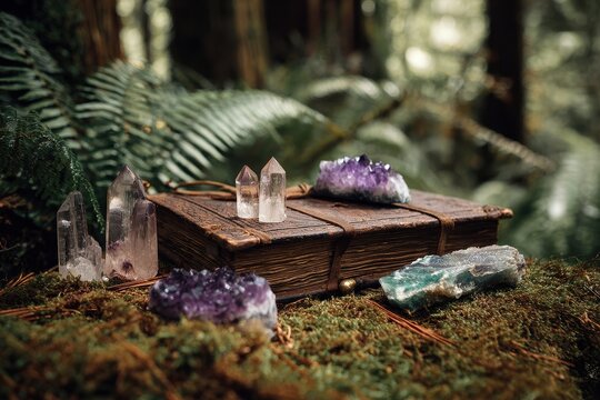 Moody forest scene with amethyst, fluorite and quartz near an open book