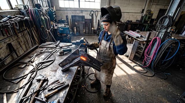 Tracking shot of welder welding metal triangle piece with sparks in industrial workshop, pan and tilt following worker holding torch at workbench in daytime indoor setting