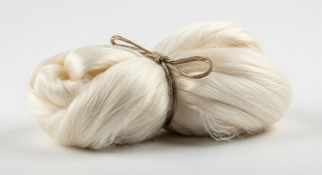 A bundle of raw white silk or wool fibers tied neatly with a simple brown jute string twine, isolated on a white background