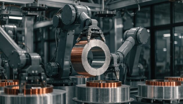 Robotic arms in a medium shot calibrate and clamp distribution transformer cores focusing on alignment accuracy to enhance electrical grid performance and safety.