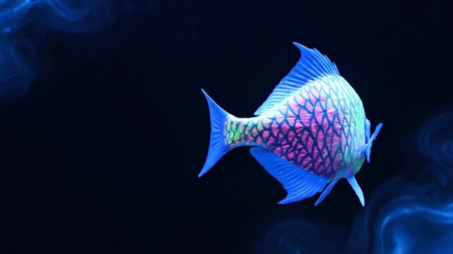 A vibrant, bioluminescent fish with pink and blue scales, a mesmerizing underwater creature
