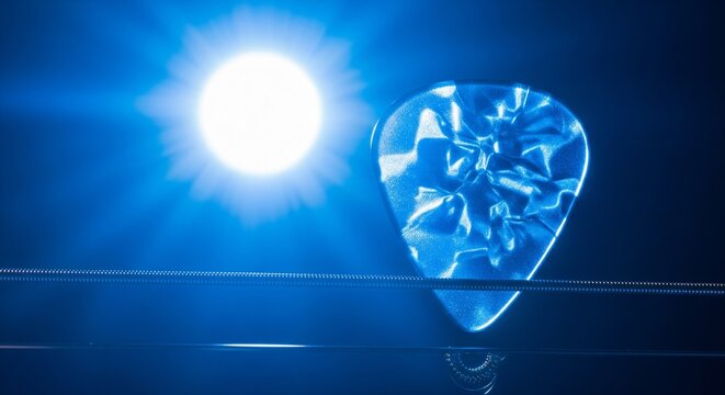 A translucent blue guitar pick placed on guitar strings, illuminated by a bright, glowing blue light source in a dark room