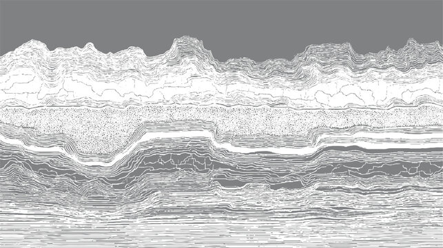 Abstract geological strata layers with textured rock formations and wavy lines in monochrome gray and white