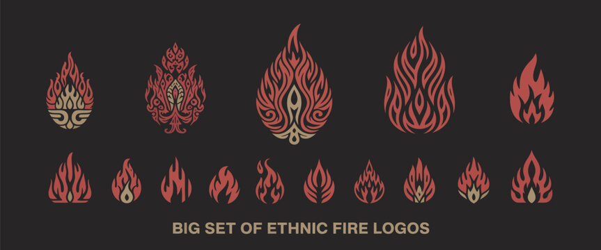 ethnic fire emblem set featuring intricate tribal patterns and glowing gradient shades, fashionable badge collection with elaborate ornamental motifs and artistic decorative symbols.