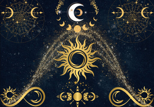Fondo m&iacute;stico de astrolog&iacute;a con sol dorado central, ruedas del zodiaco y estela de polvo estelar sobre azul medianoche.