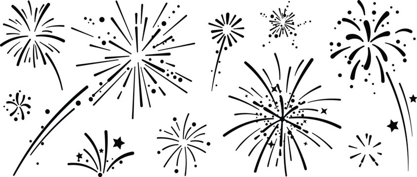 Fireworks celebration illustration with festive bursts, sparkling stars, radiant dots, holiday night sky patterns, and decorative explosive designs