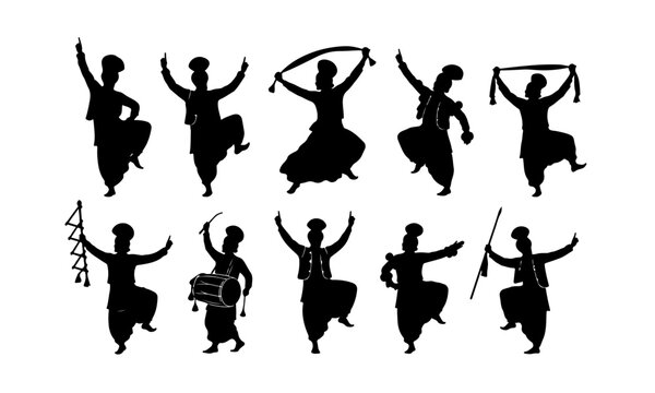 Indian culture Panjabi dance bhangra silhouette set vector illustration PNG transparent background 