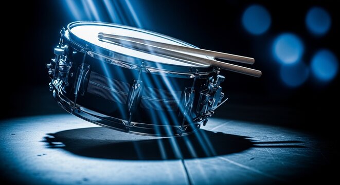 Snare drum on stage with dramatic blue light rays.