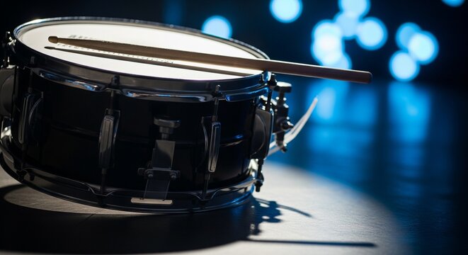 Black snare drum with wooden drumsticks in a blue spotlight.