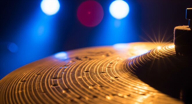 Close-up of a wet drum cymbal under concert stage spotlights.