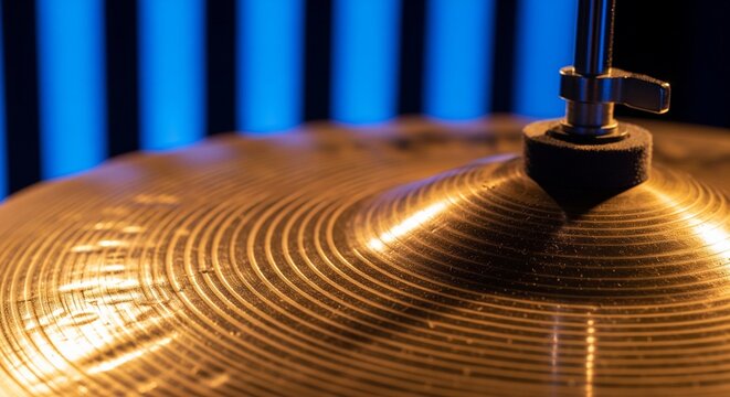 Close-up of a golden drum cymbal with blue background lights