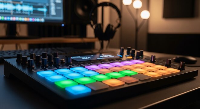 Music producer workstation with midi pad controller and studio monitors