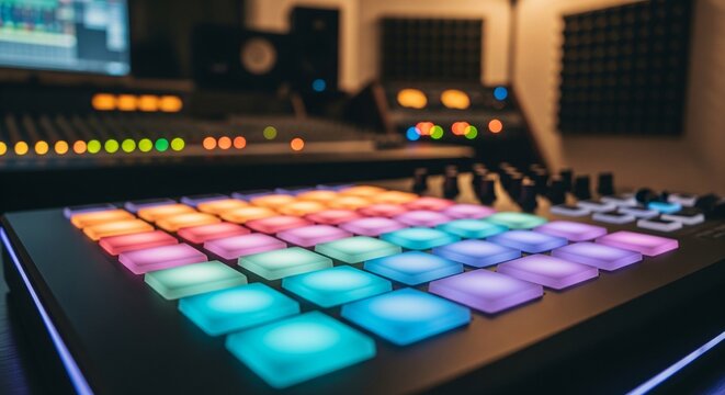 Colorful illuminated MIDI pad controller in a sound recording studio