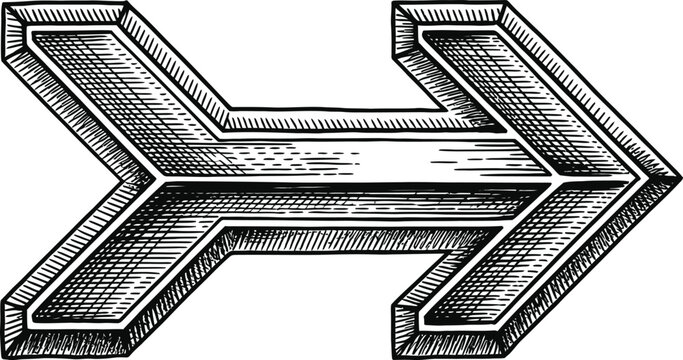 Optical illusion arrow in retro sketch style on transparent background impossible object.