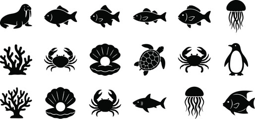 Fototapeta premium Marine animals illustration with walrus, fish, jellyfish, coral reef, crab, clam shell pearl, sea turtle, penguin, shark design