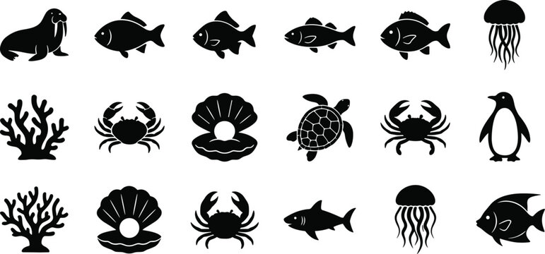 Marine animals illustration with walrus, fish, jellyfish, coral reef, crab, clam shell pearl, sea turtle, penguin, shark design